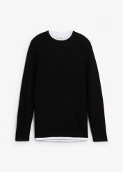 Strukturowany sweter 2 w 1, z bawełną. Czarne swetry nierozpinane bonprix, m, bez wzorów, z bawełny, bez kołnierzyka, bez ramiączek. Za 104.99 zł.