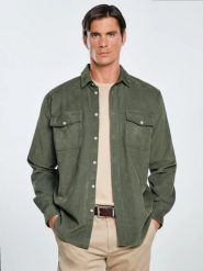 Koszula męska z drobnego sztruksu khaki Cordwis 303. Zielone koszule BIG STAR, l, bez wzorów, z jeansu, bez kołnierzyka, bez ramiączek. Za 259.99 zł.