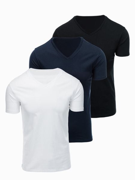 Zestaw męskich t-shirtów bawełnianych V-neck BASIC – czarny/biały/granatowy V1 - Rozmiar: XXL. Białe t-shirty Ombre Clothing, m, bez wzorów, z bawełny, bez kołnierzyka, bez ramiączek. Za 169.99 zł.