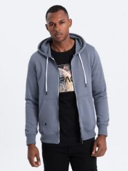 Bluza męska rozpinana z kapturem BASIC - jeansowa V13 B977 - S. Bluzy Ombre Clothing, m, bez wzorów, z bawełny, z kapturem. W wyprzedaży za 49.99 zł.