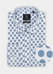 PAKO LORENTE – Biała koszula męska w niebieski wzór P21WF-1X-149-B. Białe koszule Pako Lorente, l, bez wzorów, z bawełny, bez kołnierzyka, bez ramiączek. Za 74.99 zł.