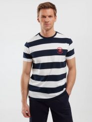 Koszulka męska w paski biało-granatowa Remir 403. Niebieskie t-shirty BIG STAR, l, z aplikacjami, z dzianiny, bez kołnierzyka, bez ramiączek. Za 99.99 zł.
