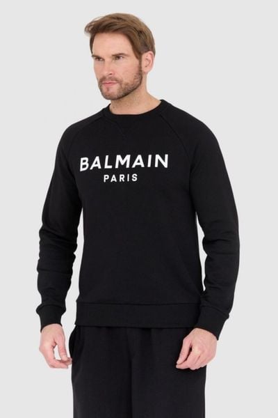 BALMAIN Czarna bluza męska z dużym białym logo, Rozmiar XL. Czarne bluzy Balmain, l, bez wzorów, bez kaptura. W wyprzedaży za 1,499.99 zł.