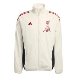 Kurtka treningowa Prematch Liverpool FC 2025/26. Białe kurtki Adidas, l, bez wzorów, z materiału, bez kaptura. Za 303.50 zł.