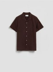 Koszula regular z lnem - ciemnobrązowy. Brązowe koszule Reserved, l, bez wzorów, z tkaniny, bez kołnierzyka, bez ramiączek. Za 129.99 zł.