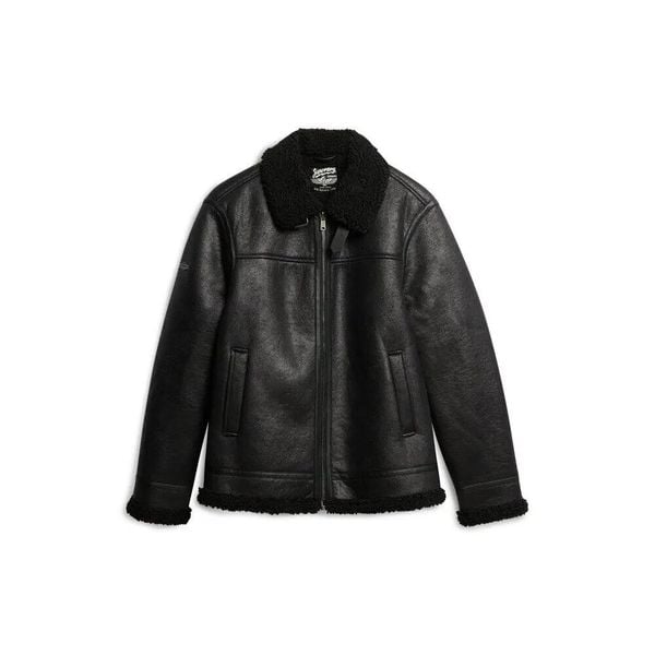 Kurtka aviatora z sztucznej owczej skóry Superdry. Czarne kurtki Superdry, l, bez wzorów, ze skóry, bez kaptura. Za 816.65 zł.