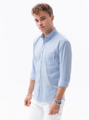 Koszula męska z długim rękawem SLIM FIT - błękitna V8 K643 - XL. Niebieskie koszule Ombre Clothing, m, bez wzorów, bez kołnierzyka, bez ramiączek. W wyprzedaży za 49.99 zł.