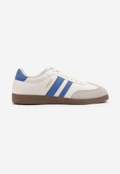 Biało-Niebieskie Płaskie Klasyczne Buty Sportowe Sneakersy ze Sznurowaniem z Ozdobnym Noskiem i Paskami Timaela. Białe buty sportowe casual Born2be, z aplikacjami, z jeansu, bez zapięcia. W wyprzedaży za 111.99 zł.