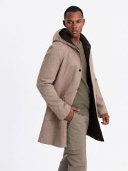 Melanżowy męski długi płaszcz z kapturem – szary V1 OM-COWC-0122 - XXL. Niebieskie płaszcze Ombre Clothing, na zimę, l, bez wzorów, z materiału, eleganckie, z kapturem. Za 359.99 zł.
