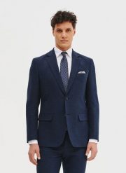 PAKO LORENTE - Granatowa marynarka garniturowa z lnem. Garnitury Pako Lorente, bez wzorów, z bawełny. Za 499.99 zł.