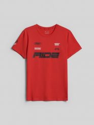 4F T-shirt slim z nadrukiem męski - czerwony M. Czerwone t-shirty 4F, m, bez wzorów, z bawełny, bez kołnierzyka, bez ramiączek. Za 79.99 zł.
