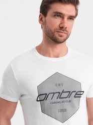 T-shirt męski bawełniany z nadrukiem geometrycznym i logotypem - biały V1 OM-TSPT-0141 - XXL. Białe t-shirty Ombre Clothing, l, bez wzorów, z bawełny, bez kołnierzyka, bez ramiączek. W wyprzedaży za 29.99 zł.