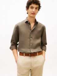 Tommy Hilfiger Tailored koszula lniana Mężczyźni Slim Fit len zielony, M. Zielone koszule Tommy Hilfiger Tailored, m, bez wzorów, ze lnu, bez kołnierzyka, bez ramiączek. Za 479.95 zł.
