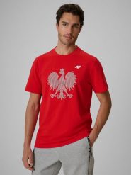 4F Koszulka kibica męska - czerwona M. Czerwone t-shirty sportowe 4F, bez wzorów, z dzianiny, bez ramiączek. Za 79.99 zł.