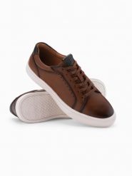 Męskie buty sneakersy ze skóry ekologicznej – brązowe V1 OM-FOCS-0179 - 45. Brązowe buty sportowe casual Ombre Clothing, z aplikacjami, z gumy, bez zapięcia. Za 299.99 zł.