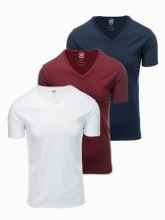 Zestaw męskich koszulek bawełnianych V-neck BASIC – biały/granatowy/bordowy V13 OM-TSBS-0233 - XXL. Czerwone t-shirty Ombre Clothing, l, bez wzorów, z bawełny, bez kołnierzyka, bez ramiączek. Za 89.99 zł.