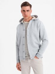 Męska dresowa bluza z kapturem zapinana na guziki – szary melanż V2 OM-SSZP-0186 - XXL. Szare bluzy Ombre Clothing, l, bez wzorów, z bawełny, z kapturem. Za 143.99 zł.