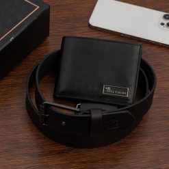 Zestaw prezentowy męski skórzany pasek portfel pudełko premium czarny Beltimore Z20. Czarne portfele bez wzorów. Za 129.99 zł.