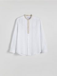 Koszula relaxed fit z lnem - biały. Białe koszule Reserved, l, bez wzorów, z bawełny, bez kołnierzyka, bez ramiączek. Za 99.99 zł.