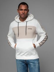 Męska bawełniana bluza z kapturem z kontrastującymi elementami - biała V1 OM-SSNZ-0225 - XXL. Białe bluzy z kapturem Ombre Clothing, l, bez wzorów, z bawełny, z kapturem. Za 137.99 zł.