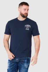 TOMMY JEANS Granatowy t-shirt męski z wyszywanym logo. Niebieskie t-shirty Tommy Jeans, m, bez wzorów, z jeansu, bez kołnierzyka, bez ramiączek. W wyprzedaży za 119.99 zł.