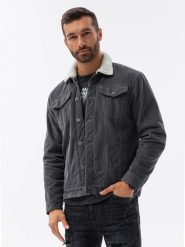 Kurtka męska sztruksowa typu sherpa – grafitowa V7. Szare kurtki Ombre Clothing, l, bez wzorów, z bawełny, bez kaptura. W wyprzedaży za 99.99 zł.