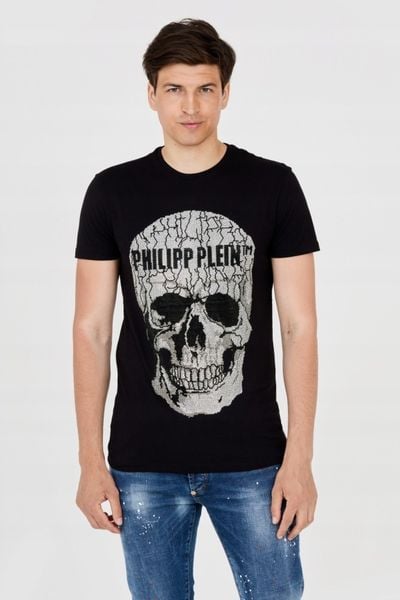 PHILIPP PLEIN Męski t-shirt czarny z czaszką, Rozmiar XXL. Czarne t-shirty Philipp Plein, m, bez wzorów, bez kołnierzyka, bez ramiączek. W wyprzedaży za 600.99 zł.
