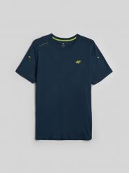 4F Koszulka trekkingowa z włókna bambusowego męska - granatowa L. Niebieskie t-shirty 4F, l, bez wzorów, z materiału, bez kołnierzyka, bez ramiączek. Za 119.99 zł.