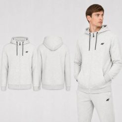 BLUZA MĘSKA DRESOWA 4F Z KAPTUREM ROZPINANA SPORTOWA KOLOR SZARY. Szare bluzy z kapturem 4F, l, bez wzorów, z bawełny, z kapturem. Za 129.00 zł.