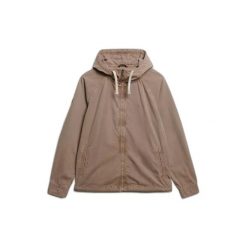Kurtka z kapturem z przecieranego materiału Superdry. Brązowe kurtki Superdry, xl, z aplikacjami, z materiału, z kapturem. Za 461.45 zł.