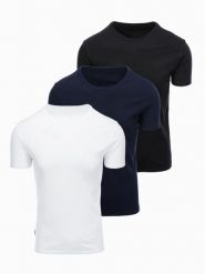 Zestaw męskich t-shirtów bawełnianych BASIC z okrągłym dekoltem – czarny/biały/granatowy V1. Białe t-shirty Ombre Clothing, m, bez wzorów, z bawełny, bez kołnierzyka, bez ramiączek. W wyprzedaży za 97.99 zł.