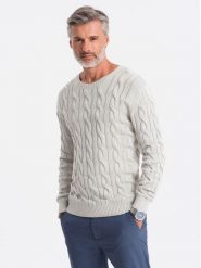Sweter męski z warkoczowym splotem - kremowy V1 E195 - XXL. Białe swetry nierozpinane Ombre Clothing, m, bez wzorów, z bawełny, bez kołnierzyka, bez ramiączek. W wyprzedaży za 39.99 zł.
