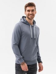 Bluza męska z kapturem BASIC - jeansowa V15 OM-SSBN-0120 - XXL. Bluzy Ombre Clothing, l, bez wzorów, z bawełny, z kapturem. Za 57.99 zł.