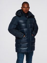 Pikowana kurtka męska z wysokim kołnierzem i kapturem – granatowa V3 - Rozmiar: L. Niebieskie kurtki Ombre Clothing, na zimę, l, bez wzorów, z materiału. Za 539.99 zł.