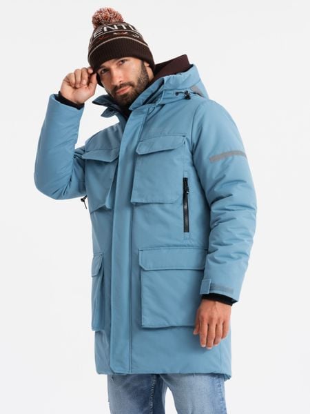 Ocieplana długa męska kurtka z odblaskowymi elementami – niebieska V4 - Rozmiar: S. Niebieskie kurtki Ombre Clothing, l, z aplikacjami, z gumy. W wyprzedaży za 129.99 zł.