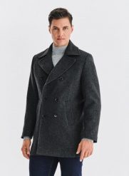 PAKO LORENTE – Szary płaszcz dwurzędowy z wełną. Szare płaszcze Pako Lorente, na zimę, bez wzorów, z poliesteru, bez kaptura. Za 699.99 zł.