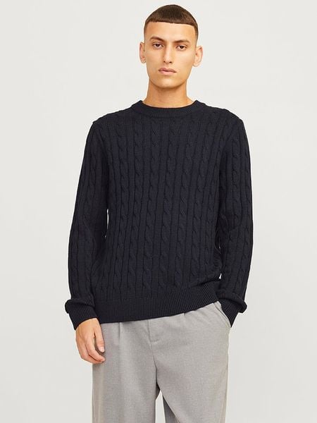 Jack & Jones Sweter w kolorze granatowym rozmiar: L. Niebieskie swetry nierozpinane Jack & Jones, l, bez wzorów, ze splotem, bez kołnierzyka, bez ramiączek. Za 96.37 zł.