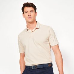 Koszulka polo do golfa z krótkim rękawem męska Inesis MW500. Brązowe koszulki polo sportowe INESIS, m, bez wzorów, z bawełny, bez kołnierzyka, bez ramiączek, na golfa. W wyprzedaży za 39.99 zł.
