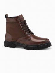 Męskie buty trapery z wysoką cholewką z łączonych materiałów – ciemnobrązowe V2 OM-FOBO-0174 - 46. Brązowe trapery Ombre Clothing, z gumy, przed kolano, bez zapięcia. Za 209.99 zł.