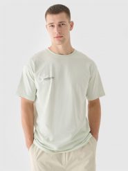4F T-shirt oversize z nadrukiem męski - turkusowy S. Niebieskie t-shirty 4F, m, bez wzorów, z bawełny, bez kołnierzyka, bez ramiączek. W wyprzedaży za 29.99 zł.