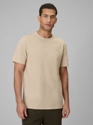 4F T-shirt regular gładki męski - beżowy XL. Brązowe t-shirty 4F, m, bez wzorów, z materiału, bez kołnierzyka, bez ramiączek. Za 49.99 zł.