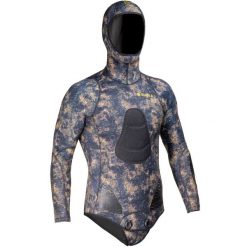 Kurtka do łowiectwa podwodnego męska Subea SPF 540 camo PAD z neoprenu 5 mm. Brązowe kurtki SUBEA, m, bez wzorów, z gumy, bez kaptura. W wyprzedaży za 399.99 zł.