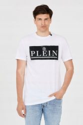 PHILIPP PLEIN T-shirt męski biały z dużym logo. Białe t-shirty Philipp Plein, m, bez wzorów, bez kołnierzyka, bez ramiączek. W wyprzedaży za 799.99 zł.