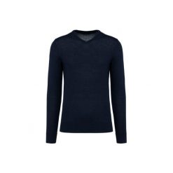 Sweter v-neck z merynosów Kariban Premium. Niebieskie swetry nierozpinane KARIBAN, m, bez wzorów, bez kołnierzyka, bez ramiączek. Za 329.00 zł.