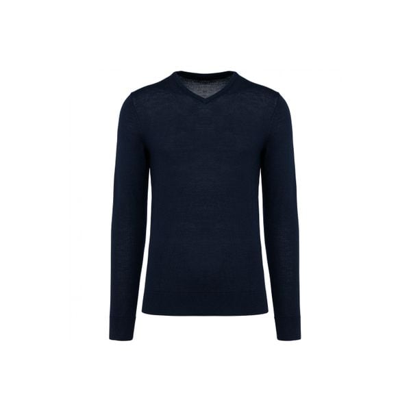 Sweter v-neck z merynosów Kariban Premium. Niebieskie swetry nierozpinane KARIBAN, m, bez wzorów, bez kołnierzyka, bez ramiączek. Za 329.00 zł.