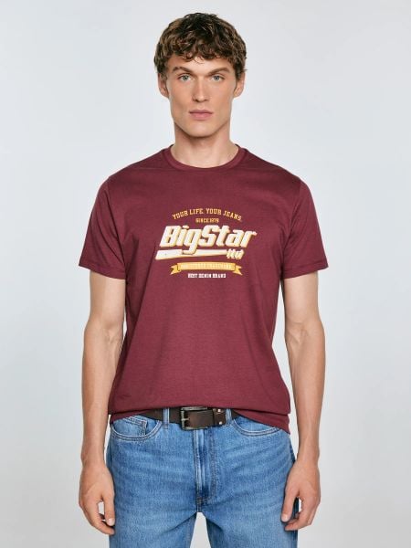 Koszulka męska z nadrukiem bordowa Briss 604. Czerwone t-shirty BIG STAR, l, bez wzorów, z bawełny, bez kołnierzyka, bez ramiączek. W wyprzedaży za 59.99 zł.