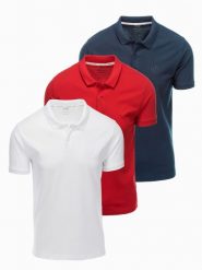 Komplet męskich t-shirtów bawełnianych polo BASIC – granatowy/biały/czerwony V3 OM-POBS-0133 - XXL. Czerwone koszulki polo sportowe Ombre Clothing, l, bez wzorów, z bawełny, bez kołnierzyka, bez ramiączek. Za 149.99 zł.