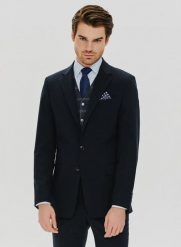 PAKO LORENTE – Gładka granatowa marynarka garniturowa. Garnitury Pako Lorente, m, bez wzorów, z elastanu. Za 1,299.99 zł.