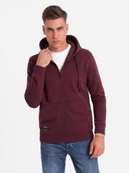 Rozpinana męska bluza dresowa BASIC – bordowa V3 OM-SSBZ-0160 - XXL. Czerwone bluzy Ombre Clothing, l, bez wzorów, z dresówki, z kapturem. Za 125.99 zł.