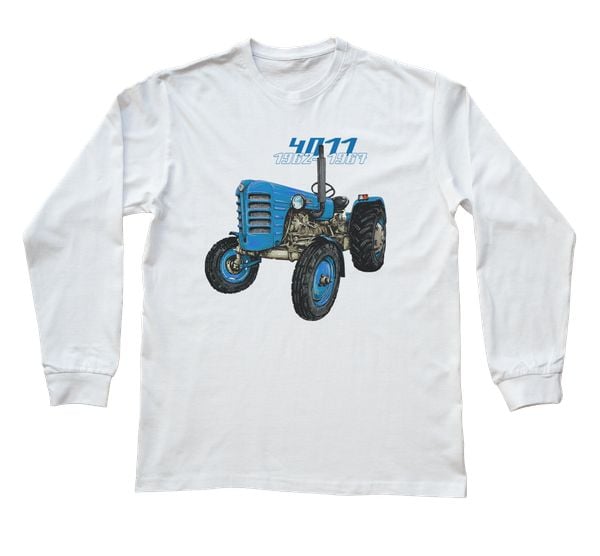 Zetor 4011 — bluzka z długim rękawem (Rozmiar: 7 - 8 lat; Kolor koszulki: biały; Rodzaj nadruku: Zetor 4011). Białe bluzki z długim rękawem nikiniki, s, bez wzorów, z bawełny, bez kołnierzyka, bez ramiączek. Za 69.00 zł.